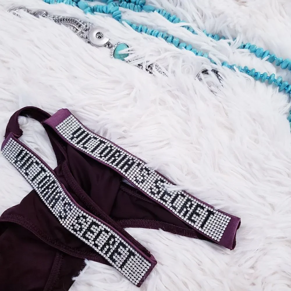 Victoria's Secret THONG XLARGE Orchid Rhinestones VS Logo Crystals Very Sexy